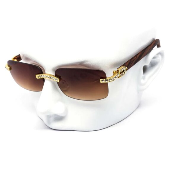 Men Sunglasses Square Brown Lens Fashion Diamond Bling Hip Hop Style Rimless - Picture 1 of 4